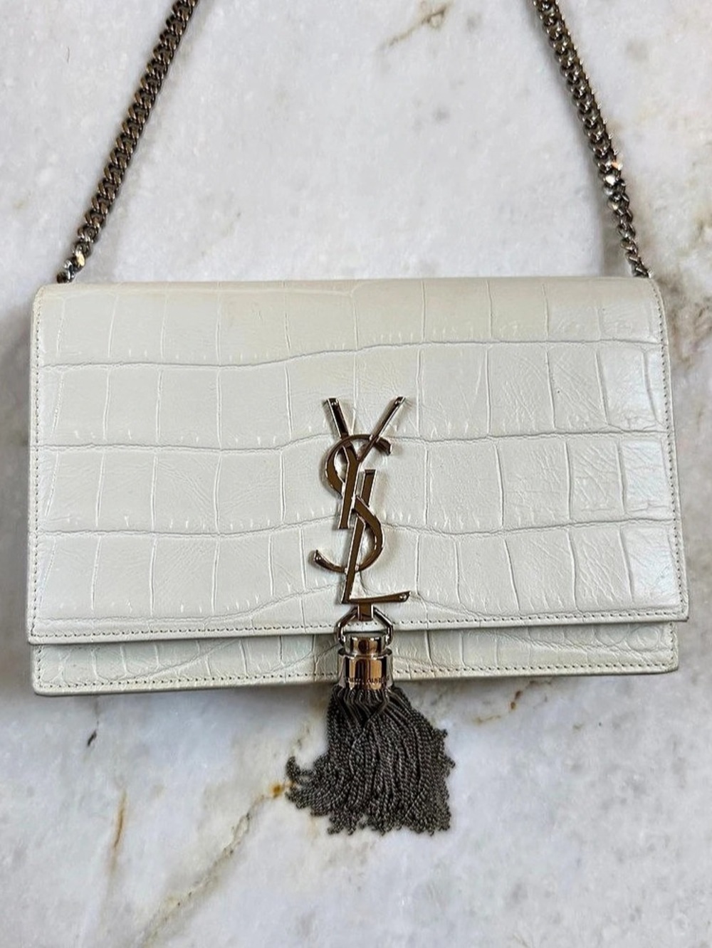 Authentic Saint Laurent Kate Tassel Chain Bag in Crocodile-Embossed Leather